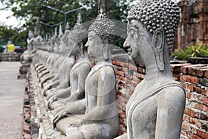 Line of buddha images among the ancient temples of ayuthaya in thailand