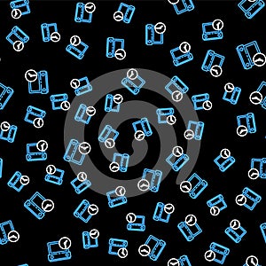 Line Calendar and clock icon isolated seamless pattern on black background. Schedule, appointment, organizer, timesheet