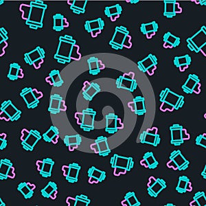 Line Camera vintage film roll cartridge icon isolated seamless pattern on black background. 35mm film canister