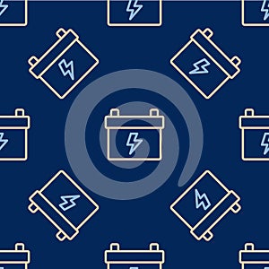 Line Car battery icon isolated seamless pattern on blue background. Accumulator battery energy power and electricity