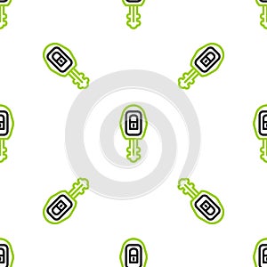 Line Car key with remote icon isolated seamless pattern on white background. Car key and alarm system. Vector