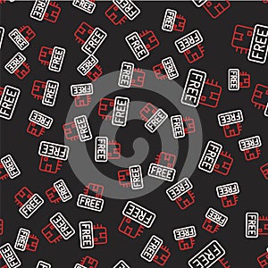 Line Cardboard box with free symbol icon isolated seamless pattern on black background. Box, package, parcel sign