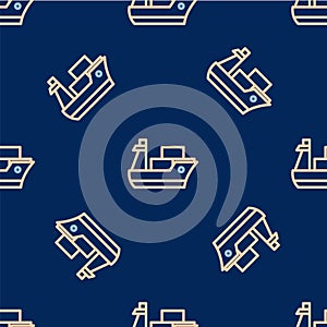 Line Cargo ship icon isolated seamless pattern on blue background. Vector