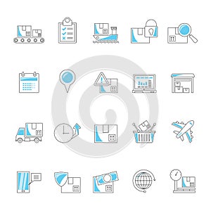 Line cargo, shipping, logistics and transportation icons