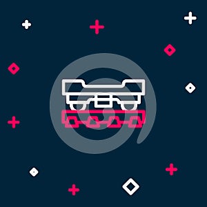 Line Cargo train wagon icon isolated on blue background. Freight car. Railroad transportation. Colorful outline concept