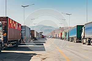 Line of cargo trucks parked in a row on a sunny day with clear blue sky