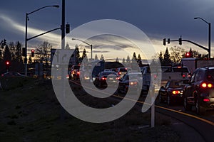 Line Of Cars Stopped Freeway Offramp Twilight