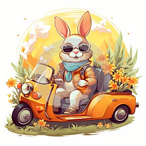 Line Cartoon Cute Style, A Cartoon Of A Rabbit In A Car