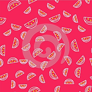 Line Casino slot machine with watermelon symbol icon isolated seamless pattern on red background. Gambling games. Vector