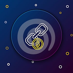 Line Chain link and coin icon isolated on blue background. Link single. Hyperlink chain symbol. Colorful outline concept