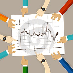 Line chart team work on paper looking to graph business concept of planning hands pointing collaboration group in office