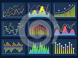 Line charts. Modern infographic set diagrams curves development graphs histogram info vector set