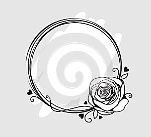 Line circle frame with monochrome rose, swirls and silhouette hearts