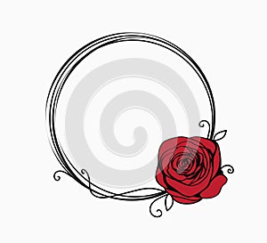 Line circle frame with red rose and swirls