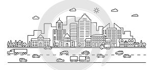 Line city. Outline town street with buildings and cars. Modern vector doodle cityscape and transportation
