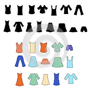 Line clothing icons and dress silhouettes.