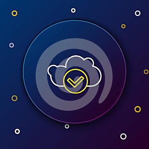 Line Cloud with check mark icon isolated on blue background. Cloud storage data protection. Cloud computing. Colorful