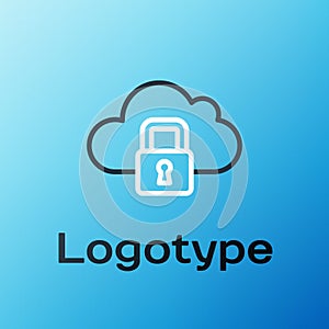 Line Cloud computing lock icon isolated on blue background. Security, safety, protection concept. Protection of personal