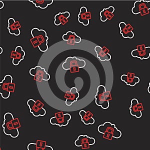 Line Cloud computing lock icon isolated seamless pattern on black background. Security, safety, protection concept