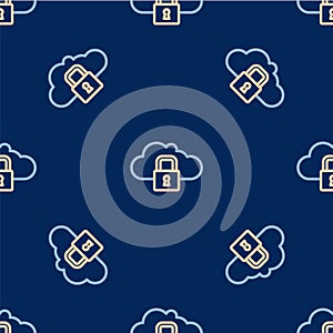Line Cloud computing lock icon isolated seamless pattern on blue background. Security, safety, protection concept