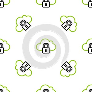 Line Cloud computing lock icon isolated seamless pattern on white background. Security, safety, protection concept