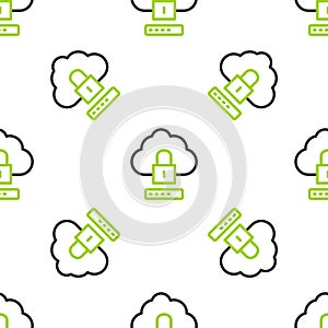 Line Cloud computing lock icon isolated seamless pattern on white background. Security, safety, protection concept