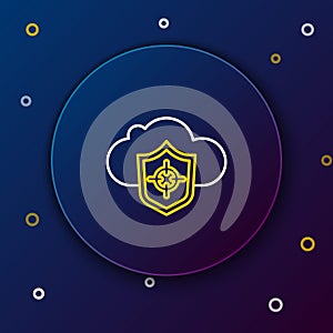 Line Cloud and shield icon isolated on blue background. Cloud storage data protection. Security, safety, protection