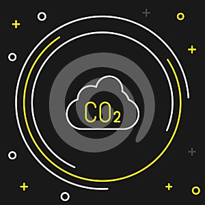 Line CO2 emissions in cloud icon isolated on black background. Carbon dioxide formula, smog pollution concept