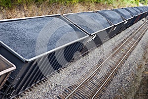 Line of Coal Freight Cars On Train Track