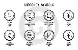 Line coin icons set with currency symbols