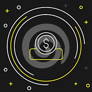 Line Coin money with dollar symbol icon isolated on black background. Banking currency sign. Cash symbol. Colorful