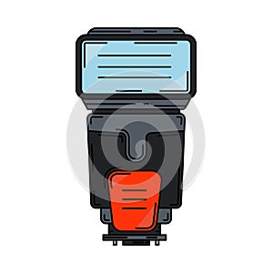 Line color vector icon digital photographer professional equipment. Photography art. Photographic camera compact power