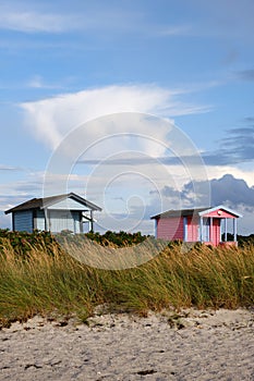Line of colorful boathouses on the Skanor beach, Sweden