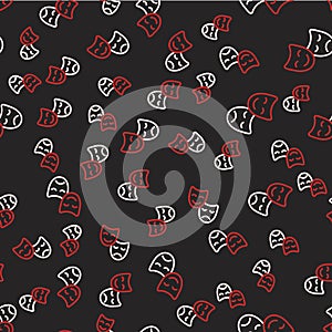 Line Comedy and tragedy theatrical masks icon isolated seamless pattern on black background. Vector