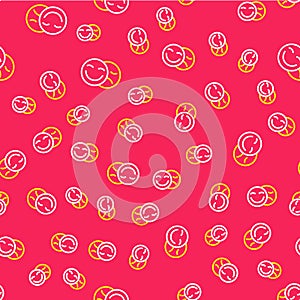 Line Comedy and tragedy theatrical masks icon isolated seamless pattern on red background. Vector