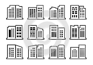 Line company icons and vector buildings set, Black office collection on white background