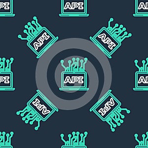 Line Computer api interface icon isolated seamless pattern on black background. Application programming interface API