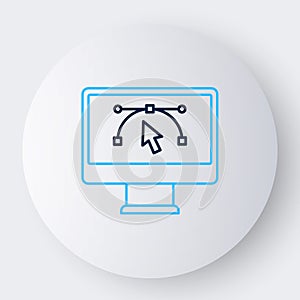 Line Computer display with vector design program icon isolated on isolated on white background. Photo editor software