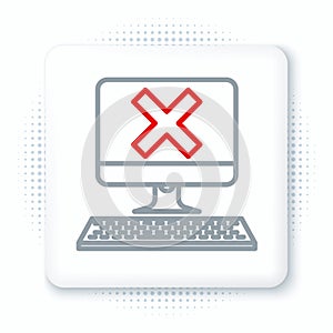 Line Computer with keyboard and x mark icon isolated on white background. Error window, exit button, cancel, 404 error