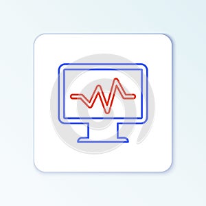 Line Computer monitor with cardiogram icon isolated on white background. Monitoring icon. ECG monitor with heart beat