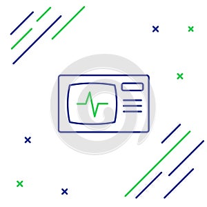 Line Computer monitor with cardiogram icon isolated on white background. Monitoring icon. ECG monitor with heart beat