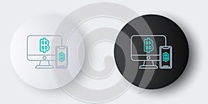 Line Computer monitor with mobile phone and bitcoin icon isolated on grey background. Online shopping concept. Earnings