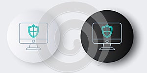 Line Computer monitor and shield icon isolated on grey background. Security, firewall technology, internet privacy