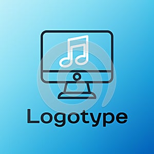 Line Computer with music note symbol on screen icon isolated on blue background. Colorful outline concept. Vector