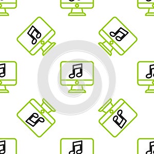 Line Computer with music note symbol on screen icon isolated seamless pattern on white background. Vector Illustration