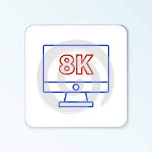 Line Computer PC monitor display with 8k video technology icon isolated on white background. Colorful outline concept