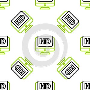 Line Computer PC monitor display with HD video technology icon isolated seamless pattern on white background. Vector