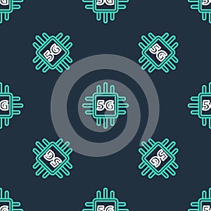 Line Computer processor 5G with microcircuits CPU icon isolated seamless pattern on black background. Chip or cpu with