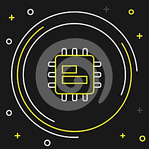Line Computer processor with microcircuits CPU icon isolated on black background. Chip or cpu with circuit board. Micro