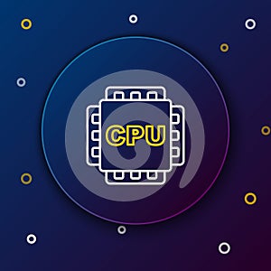 Line Computer processor with microcircuits CPU icon isolated on blue background. Chip or cpu with circuit board. Micro